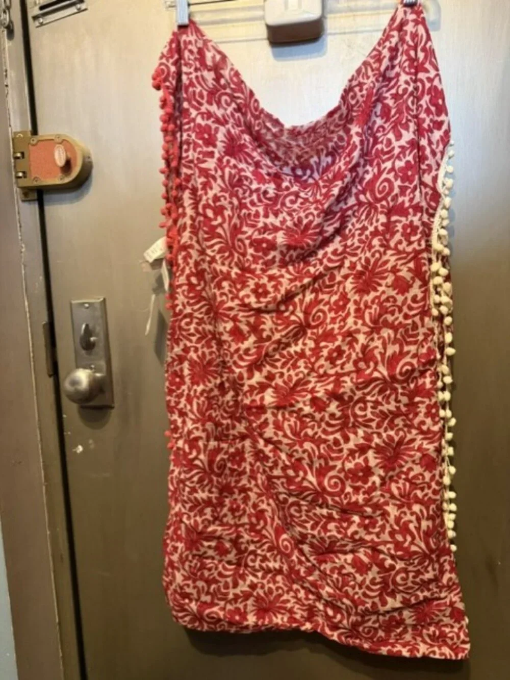 Boho Red & White paisley Infinity scarf with Pom-poms